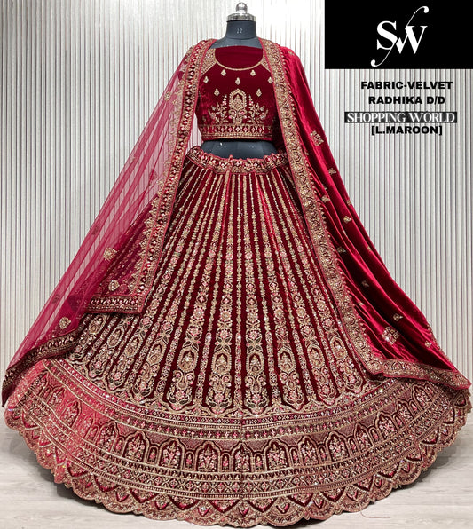 Awesome Light maroon Double duptta Velvet Bridal Lehenga