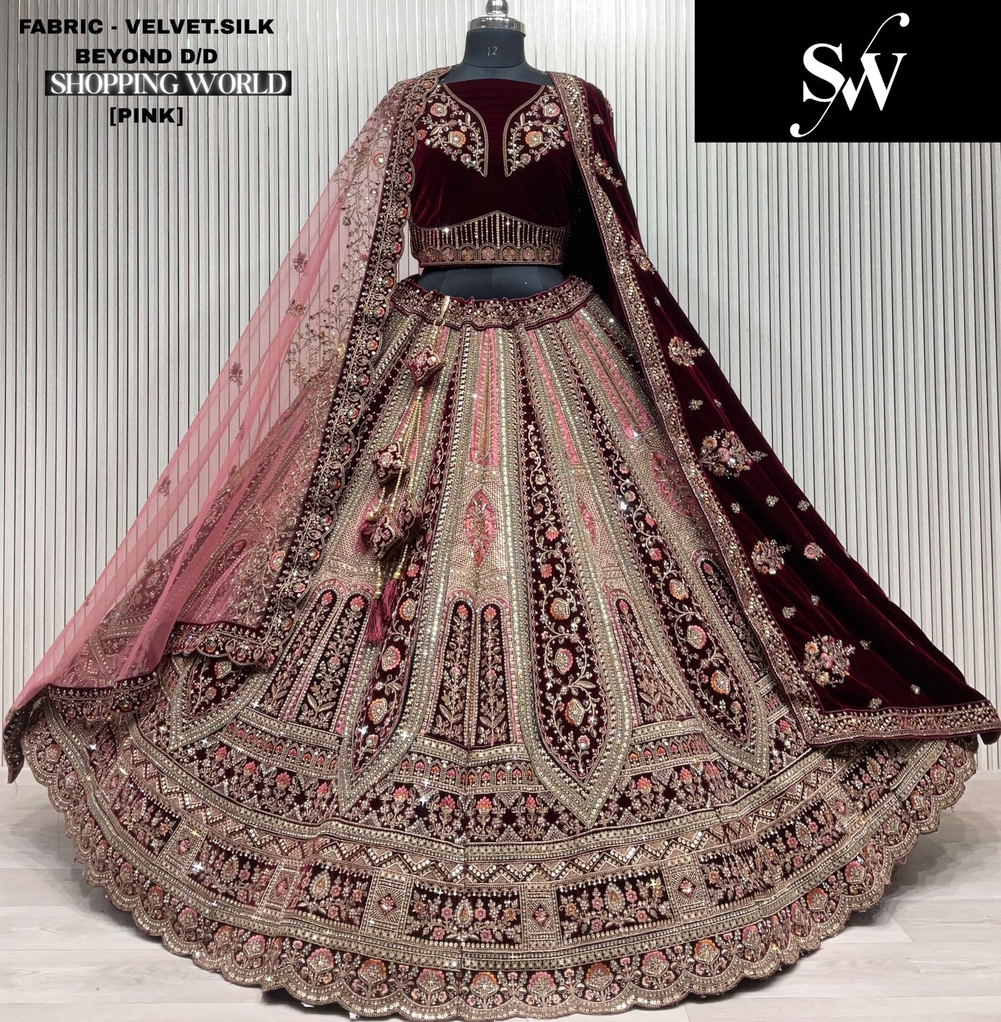 Glamorous Rust Double duptta Velvet Silk Bridal Lehenga