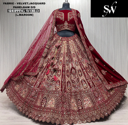 Attractive Light maroon Double duptta Velvet Jacquard Bridal Lehenga