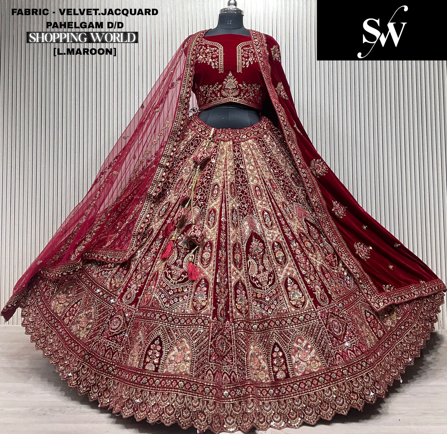 Astonishing Dark maroon Double duptta Velvet Jacquard Bridal Lehenga