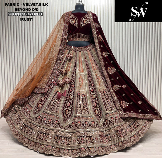 Glamorous Rust Double duptta Velvet Silk Bridal Lehenga