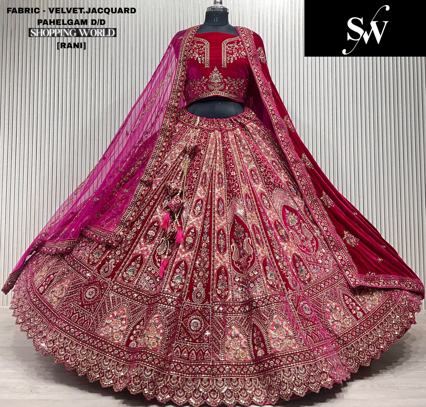 Attractive Light maroon Double duptta Velvet Jacquard Bridal Lehenga