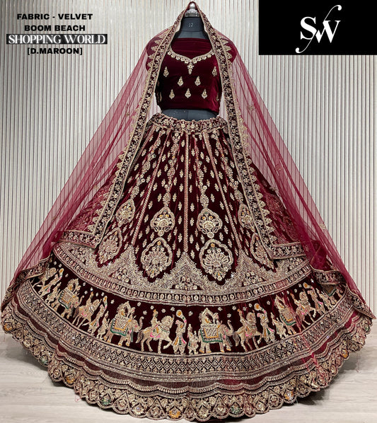 Amazing Dark maroon Doli barat Double duptta Velvet Bridal Lehenga