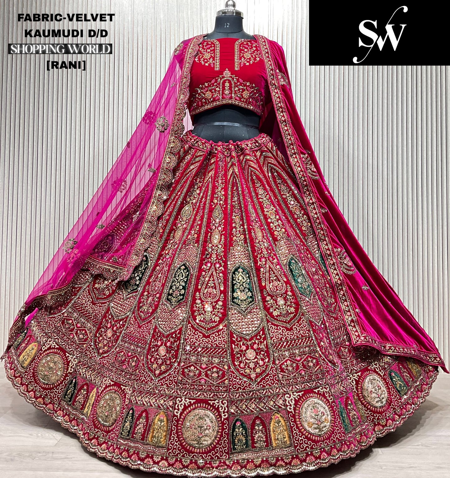 Elegant Dark maroon Double duptta Velvet Bridal Lehenga