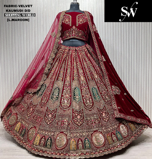 Embellished light maroon Double duptta Velvet Bridal Lehenga