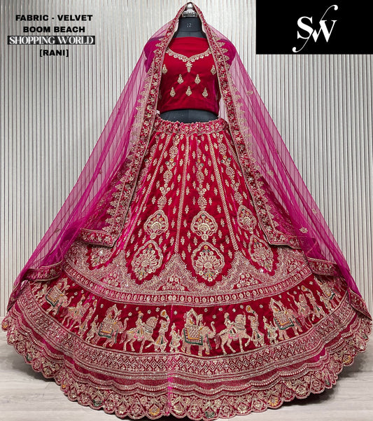 Awesome Rani pink Doli barat Double duptta Velvet Bridal Lehenga