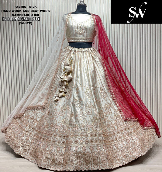 Pleasing white peacock Silk Bridal Lehenga