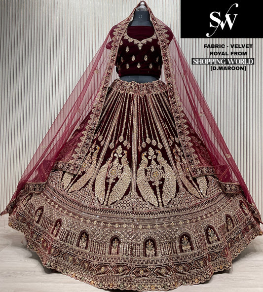 Pretty Dark maroon peacock Velvet Bridal Lehenga