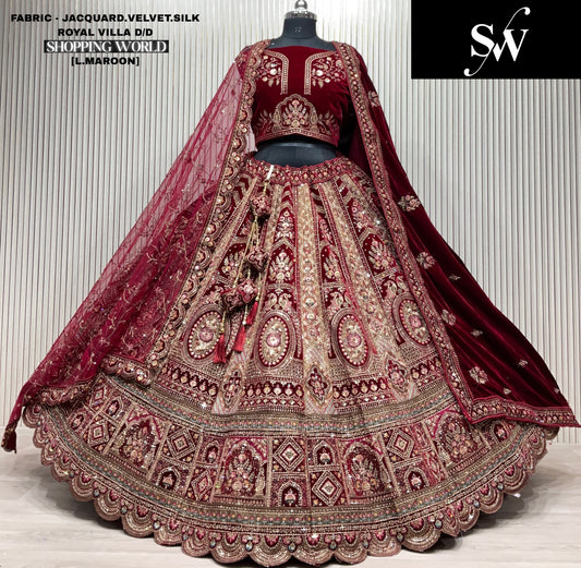Good looking light maroon peacock jacquard Velvet Silk Bridal Lehenga