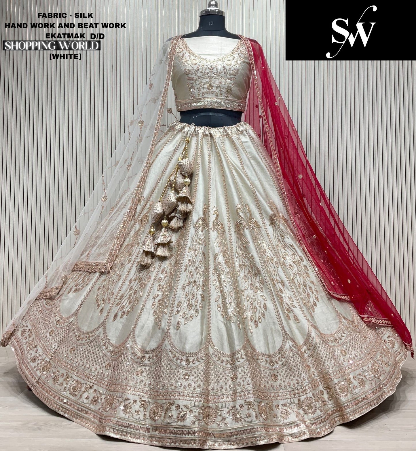 Engaging Red peacock Double duptta Velvet Bridal Lehenga
