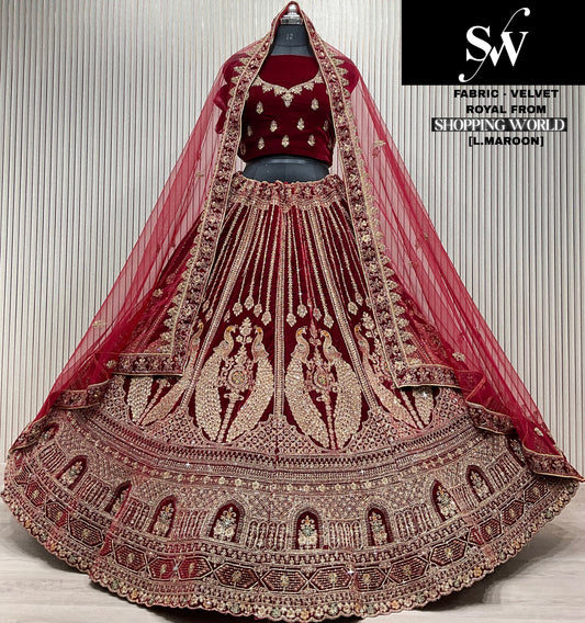 Lovely light maroon peacock Velvet Bridal Lehenga