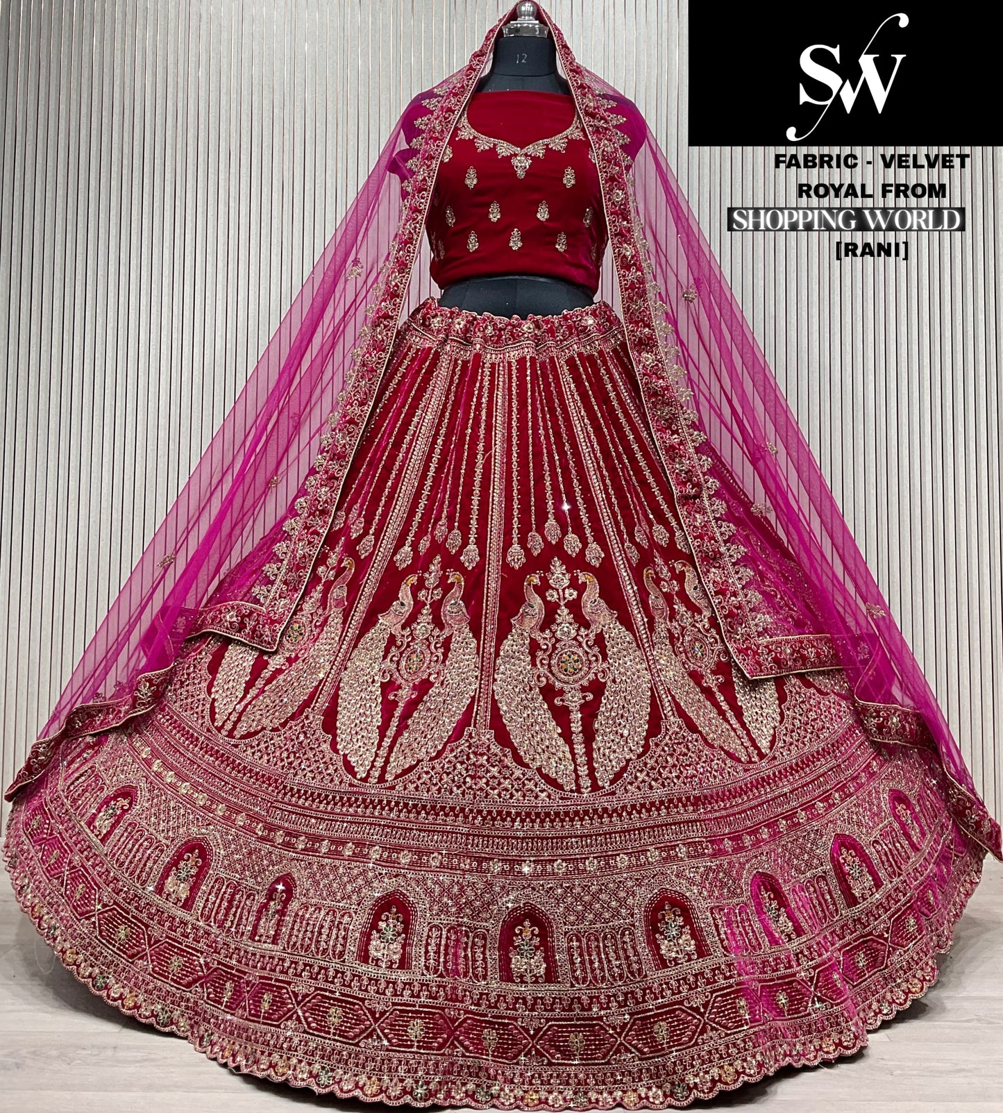 Lovely light maroon peacock Velvet Bridal Lehenga