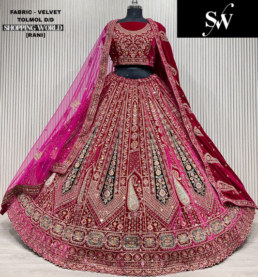 Elegant peacock Rani pink Double duptta Velvet Bridal Lehenga