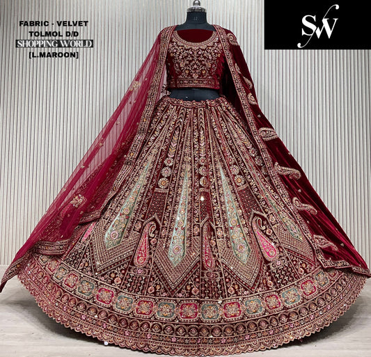 Delightful peacock light maroon Double duptta Velvet Bridal Lehenga
