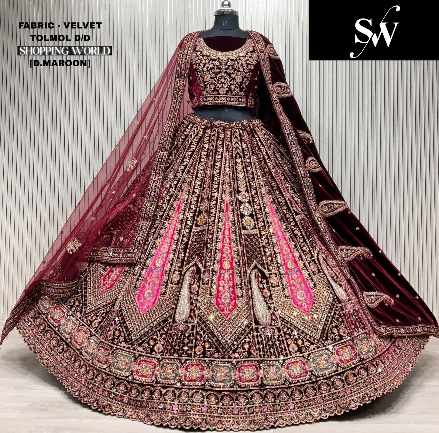 Delightful peacock light maroon Double duptta Velvet Bridal Lehenga