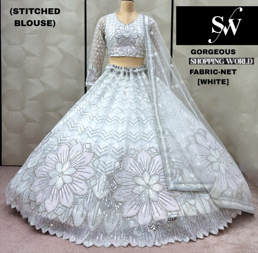 Khoobsurat White Floral Net Crop top Lehenga