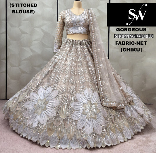 Pretty Golden Chiku Floral Net Crop top Lehenga
