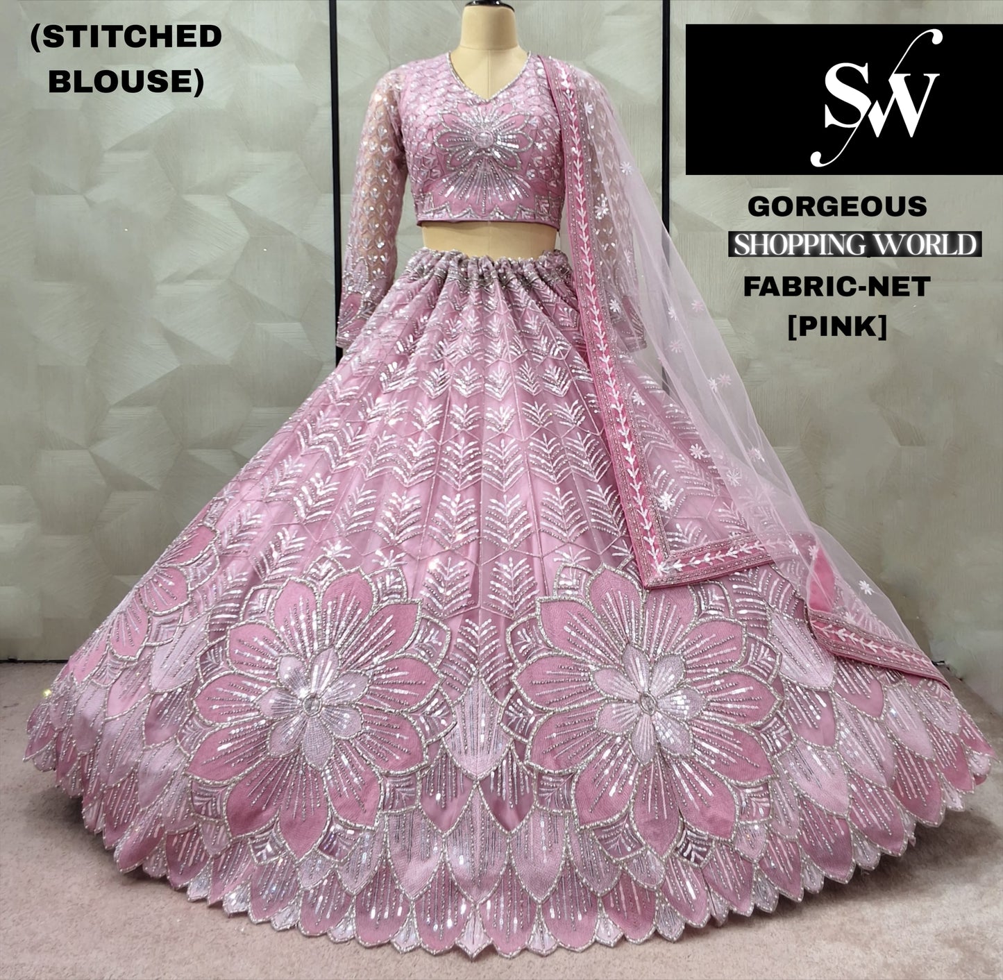 Pretty Golden Chiku Floral Net Crop top Lehenga