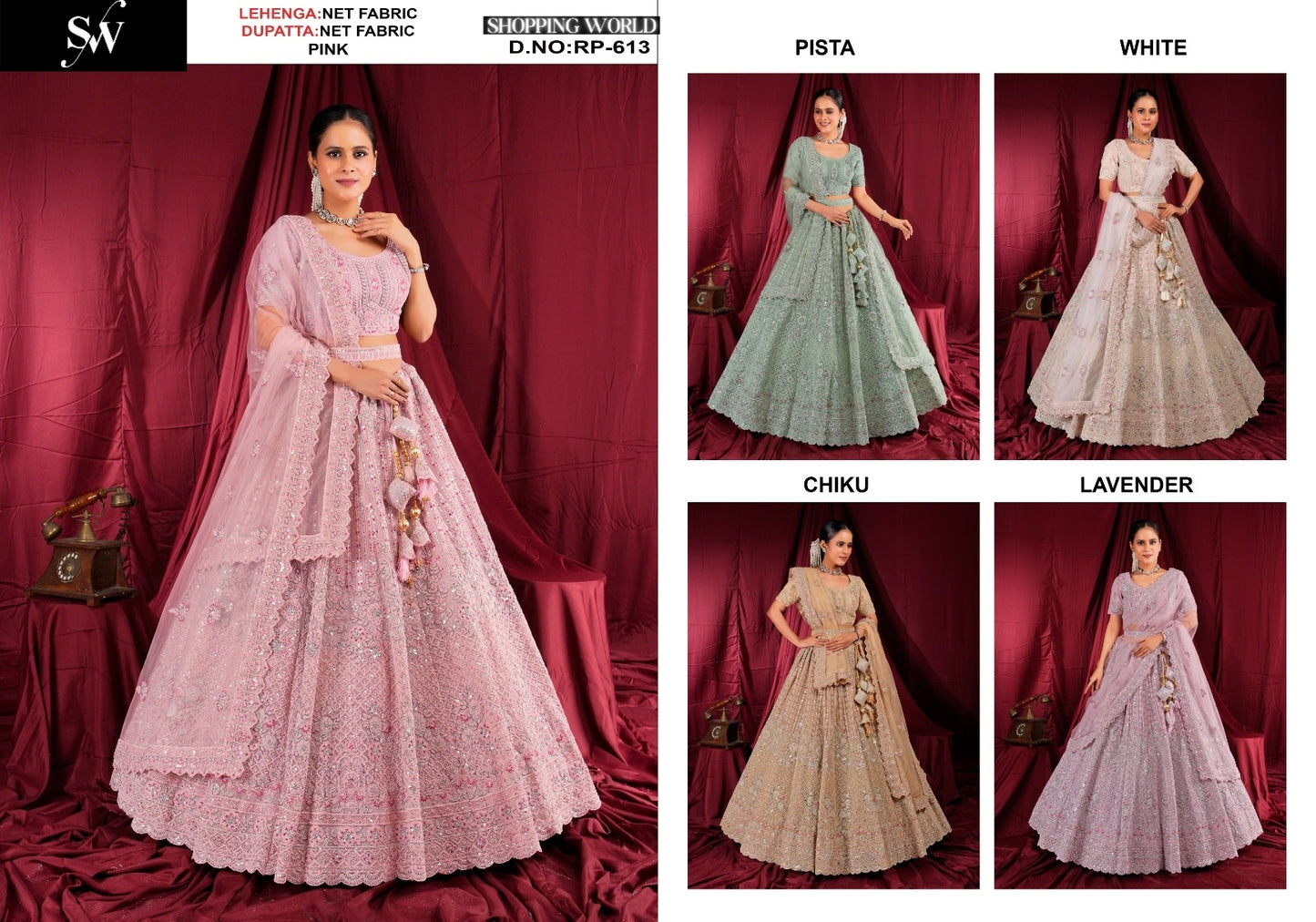 Amazing pink pista green White Chiku golden Lavender net Lehenga