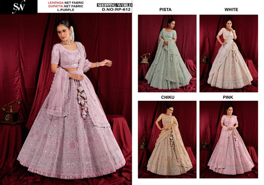 Awesome pink pista green White Chiku golden Lavender Net Lehenga