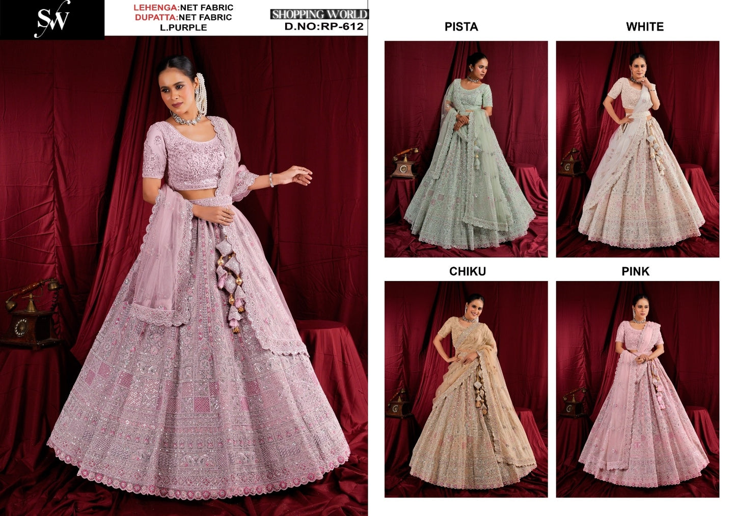 Awesome pink pista green White Chiku golden Lavender Net Lehenga