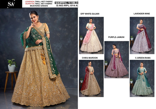 Fabulous Mustard green Off white Gajri Lavender wine Chiku maroon purple Jamuni  Sea green Net Lehenga
