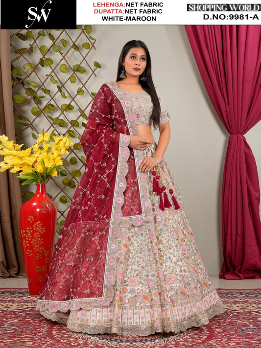 Glamorous white maroon Net floral Lehenga
