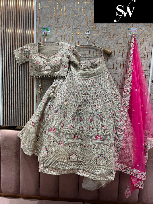 Astonishing White pink contrast dupatta Crop top Lehenga