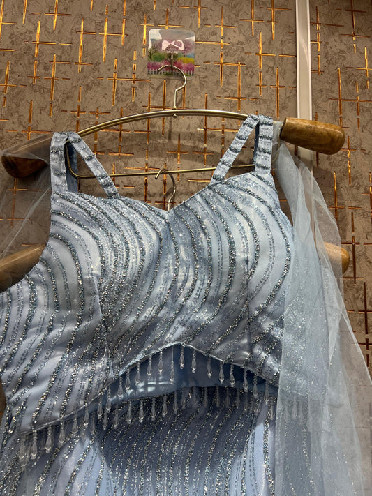 Pretty pista green fish cut Crop top Lehenga