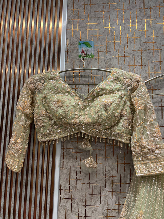 Designer pista green Crop top Lehenga