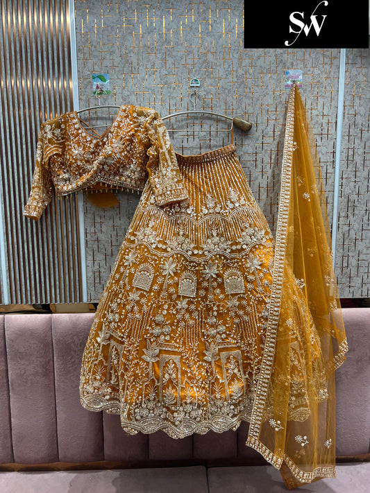 Glamorous deep yellow orange Crop top Lehenga