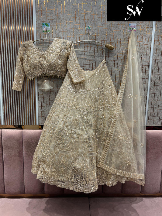 Gorgeous light golden beige Crop top Lehenga