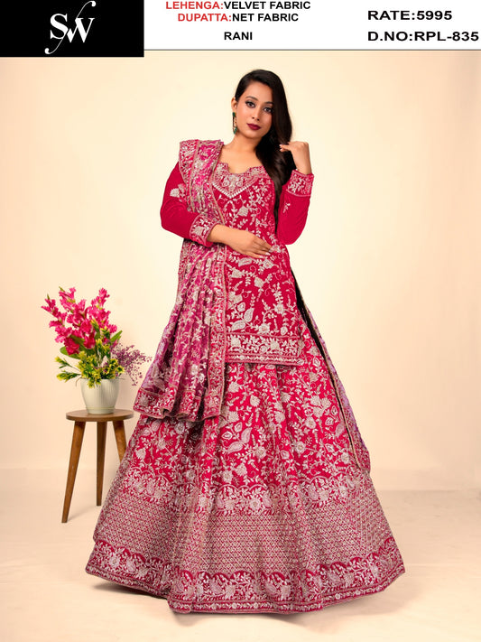 Astonishing Rani pink velvet Peplum Dress Lehenga