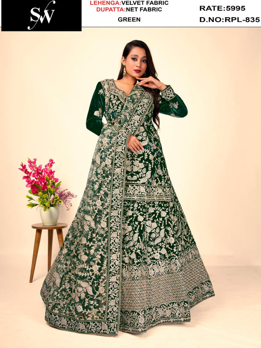 Fabulous green Velvet Peplum Dress Lehenga