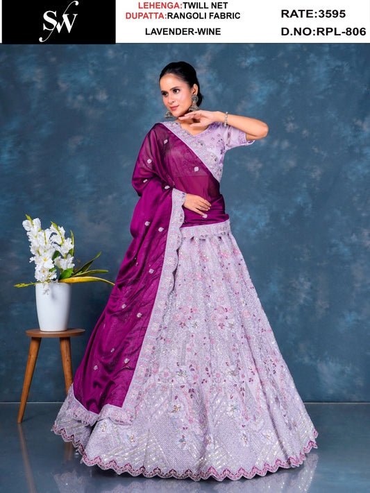 Good looking Lavender brown Twill Net Lehenga
