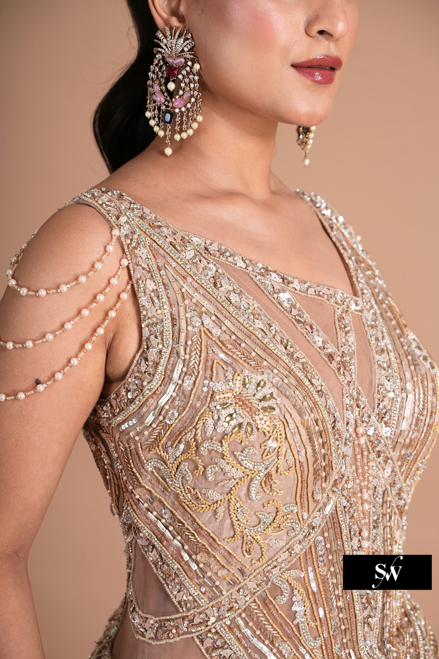 Embellished Pink peach handwork pink Sequins gown