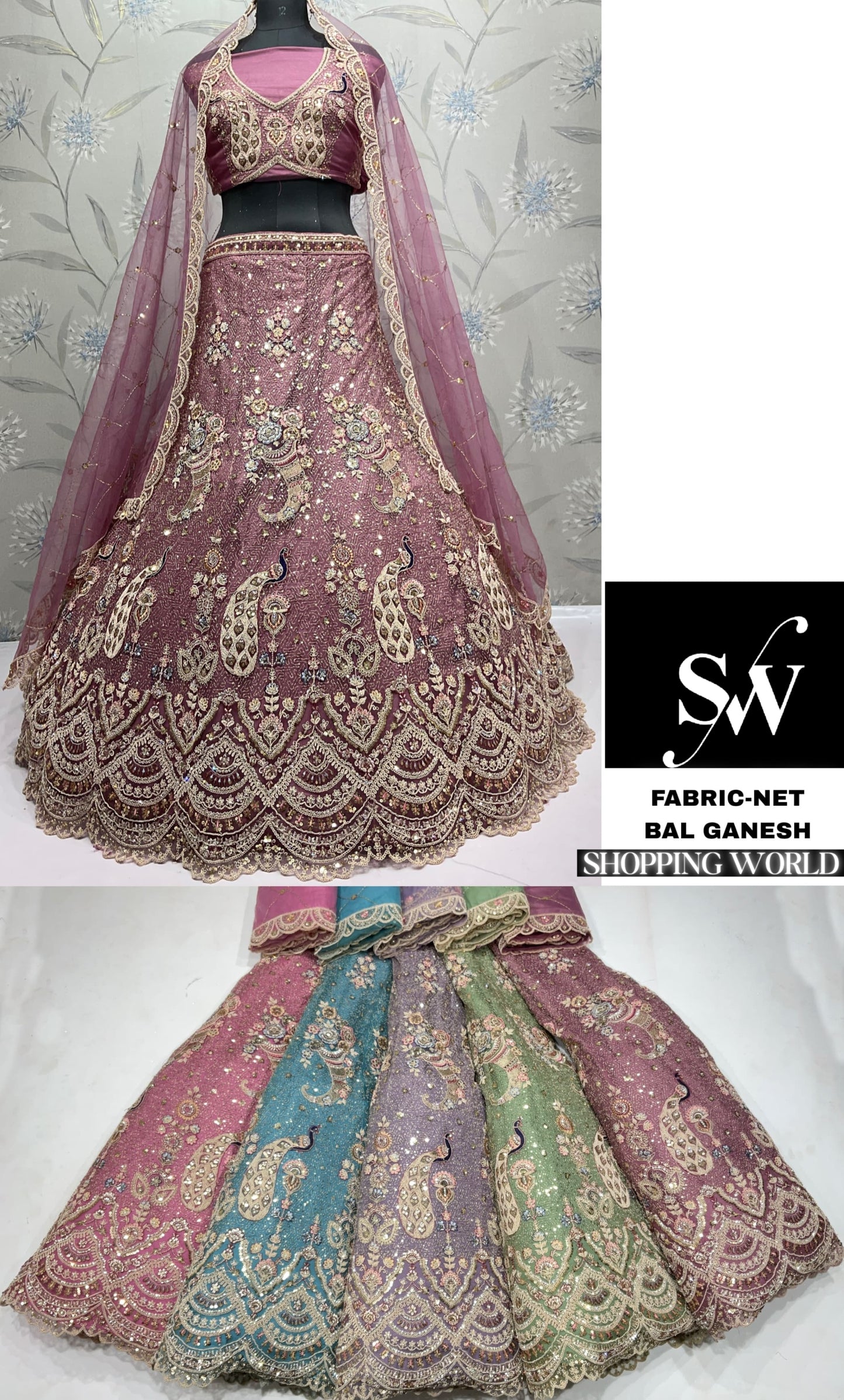 Stunning pink peacock Net Lehenga