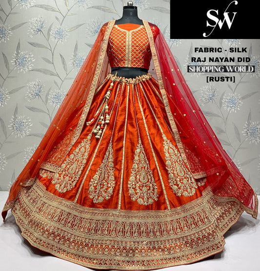 Engaging Rust Orange Silk Lehenga
