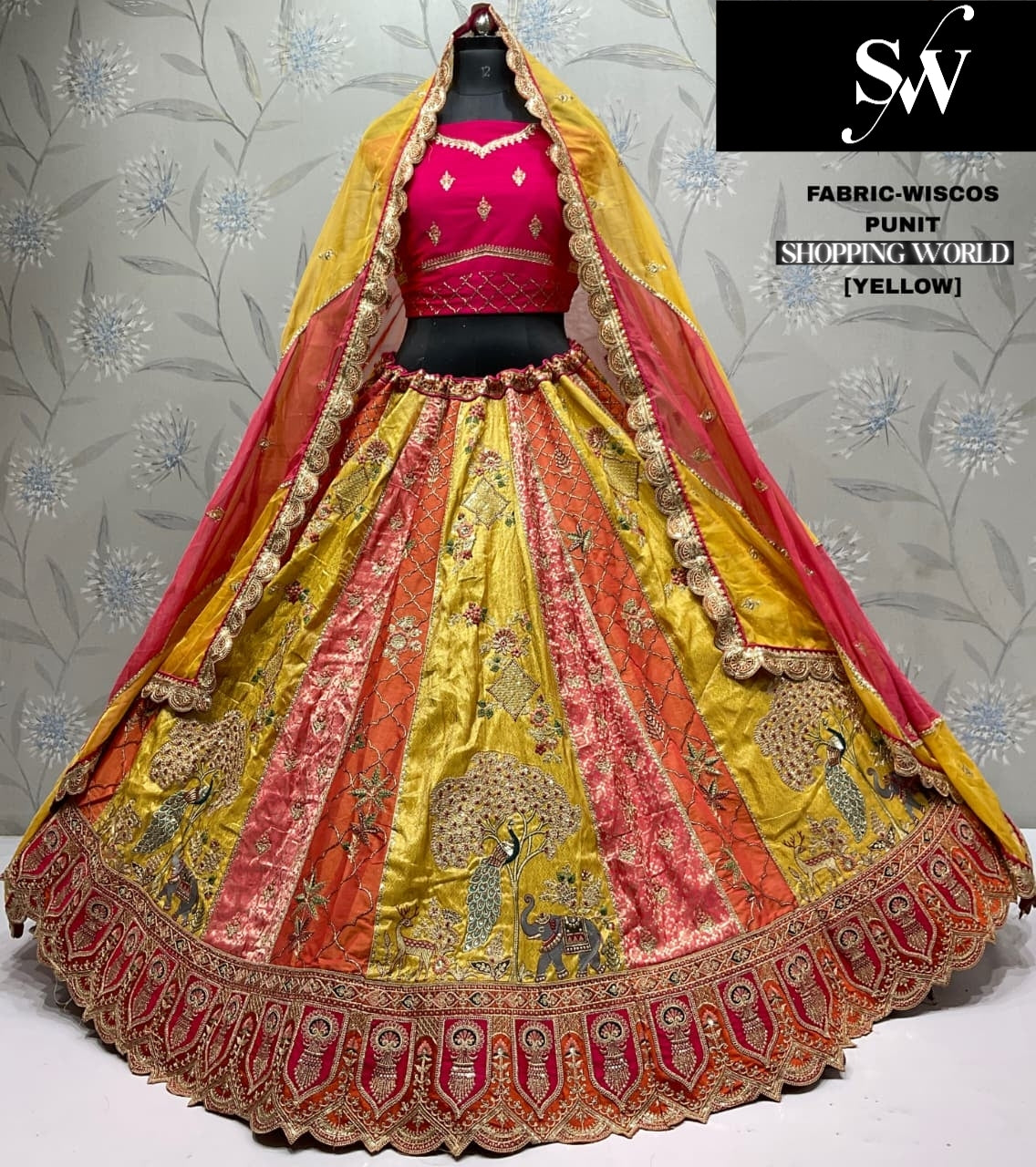 Majestic peacock yellow Pink Wiscos Lehenga