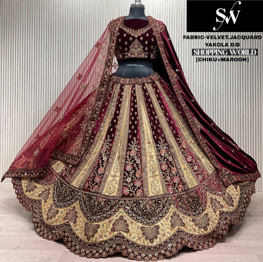 Fabulous Chiku maroon Double Duptta Velvet jacquard Bridal Lehenga