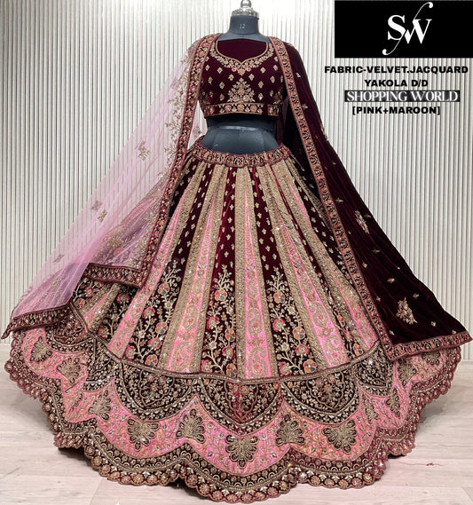 Fantastic pink maroon Double Duptta Velvet jacquard Bridal Lehenga