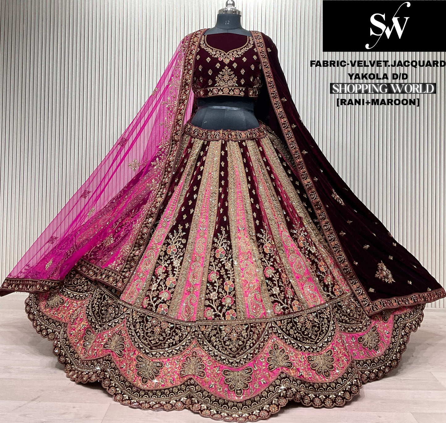 Fantastic pink maroon Double Duptta Velvet jacquard Bridal Lehenga