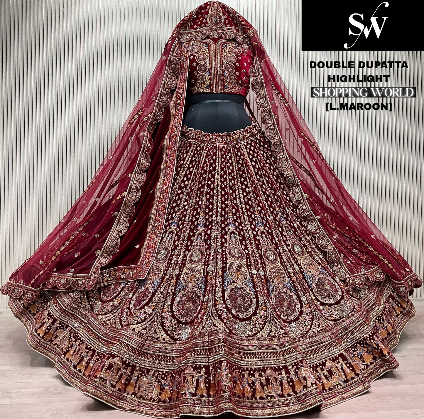 Elegant Dark maroon Tail Double Duptta Bridal Lehenga