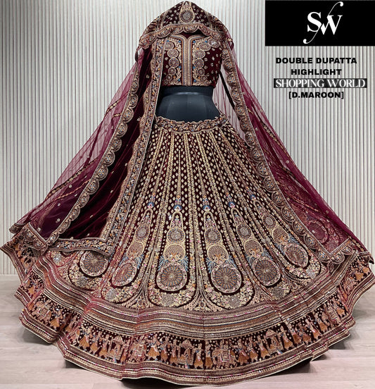 Elegant Dark maroon Tail Double Duptta Bridal Lehenga