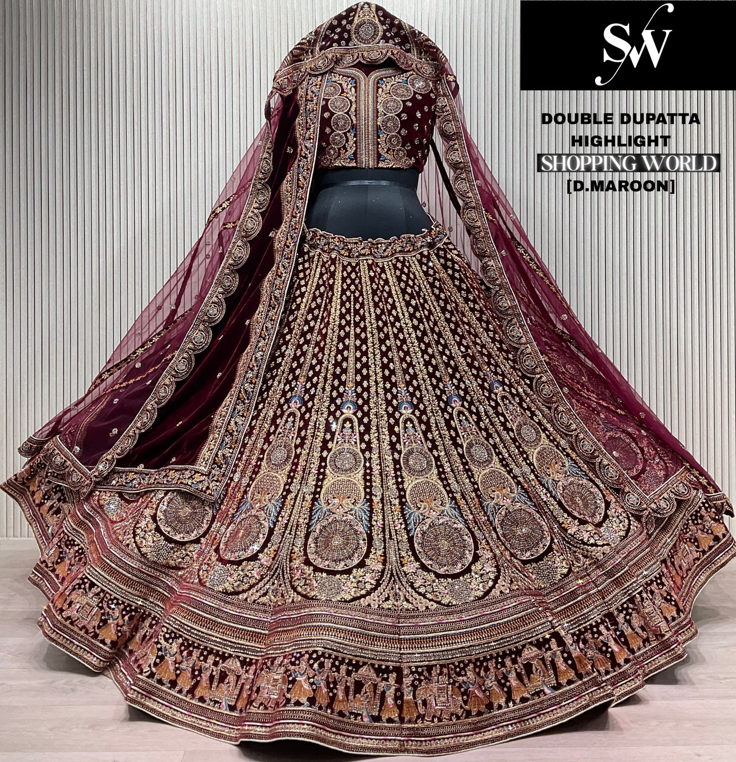 Delightful Light maroon Tail Double Duptta Bridal Lehenga