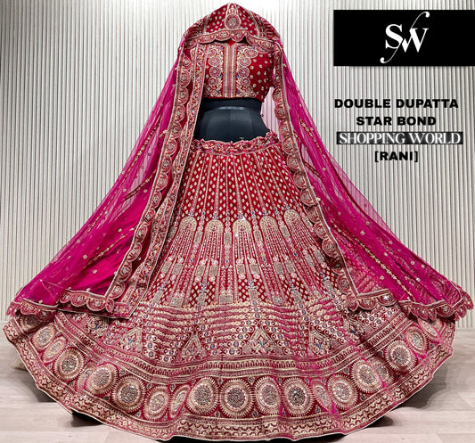 कुछ अलग रानी पिंक टेल डबल दुपट्टा ब्राइडल लेहंगा