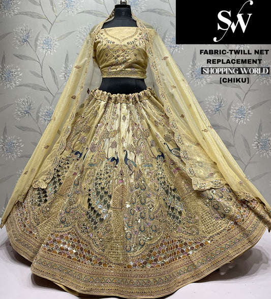 Stunning Chiku golden peacock Twill Net Lehenga