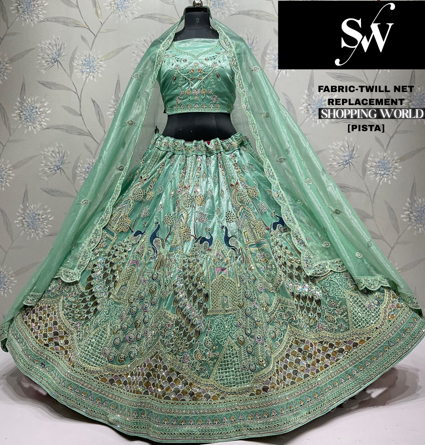 Stunning Chiku golden peacock Twill Net Lehenga