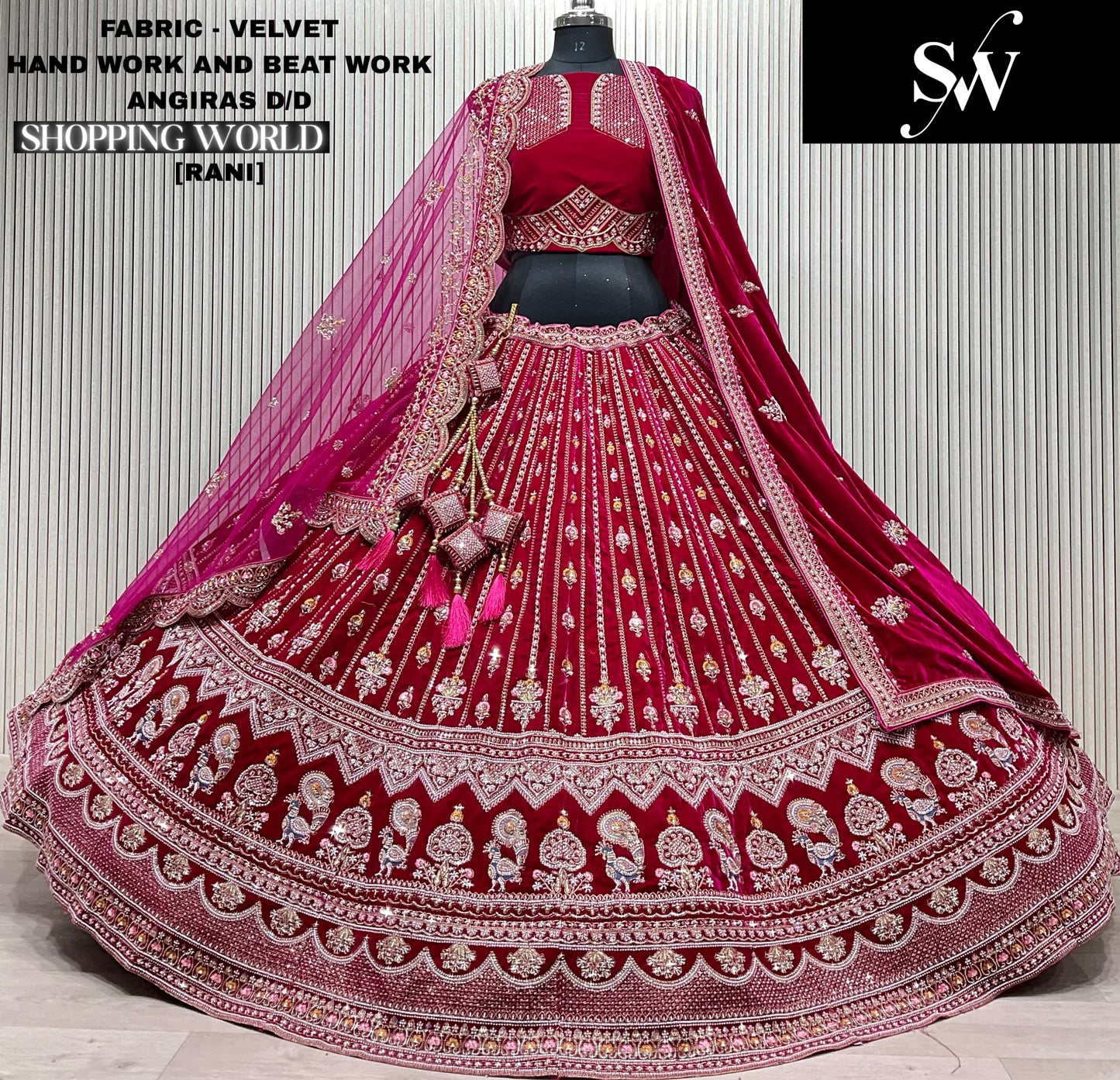 Fabulous Red Double duptta Velvet peacock Bridal Lehenga