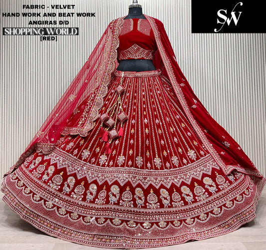 Fabulous Red Double duptta Velvet peacock Bridal Lehenga